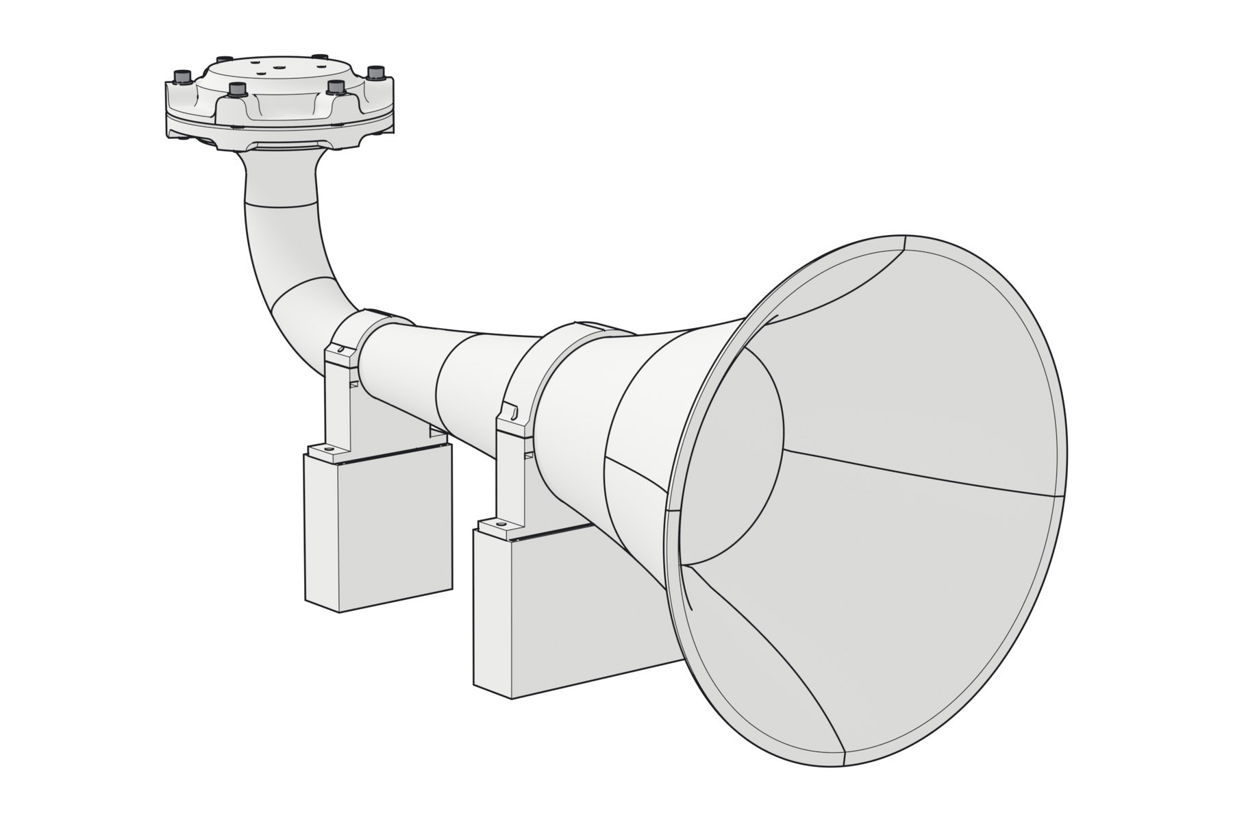 Drawing of the M1 Ship Horn: drum on a gooseneck, a 19 inch flared mouth, two clamps on risers