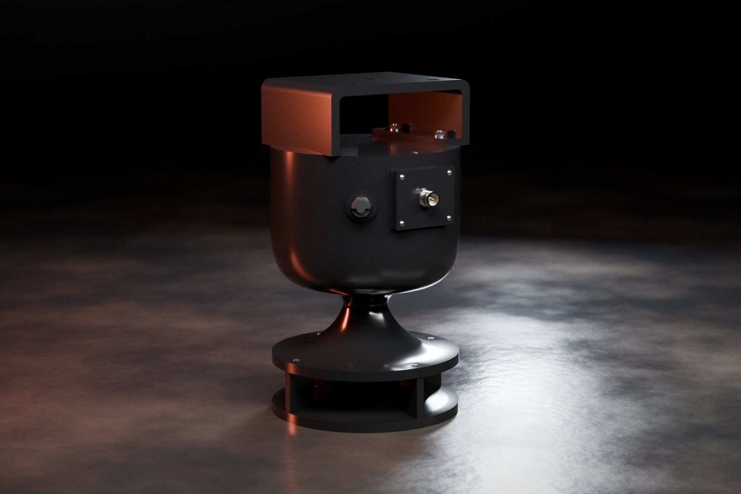 The B1 electronic locomotive bell in black with its connector and strap bracket